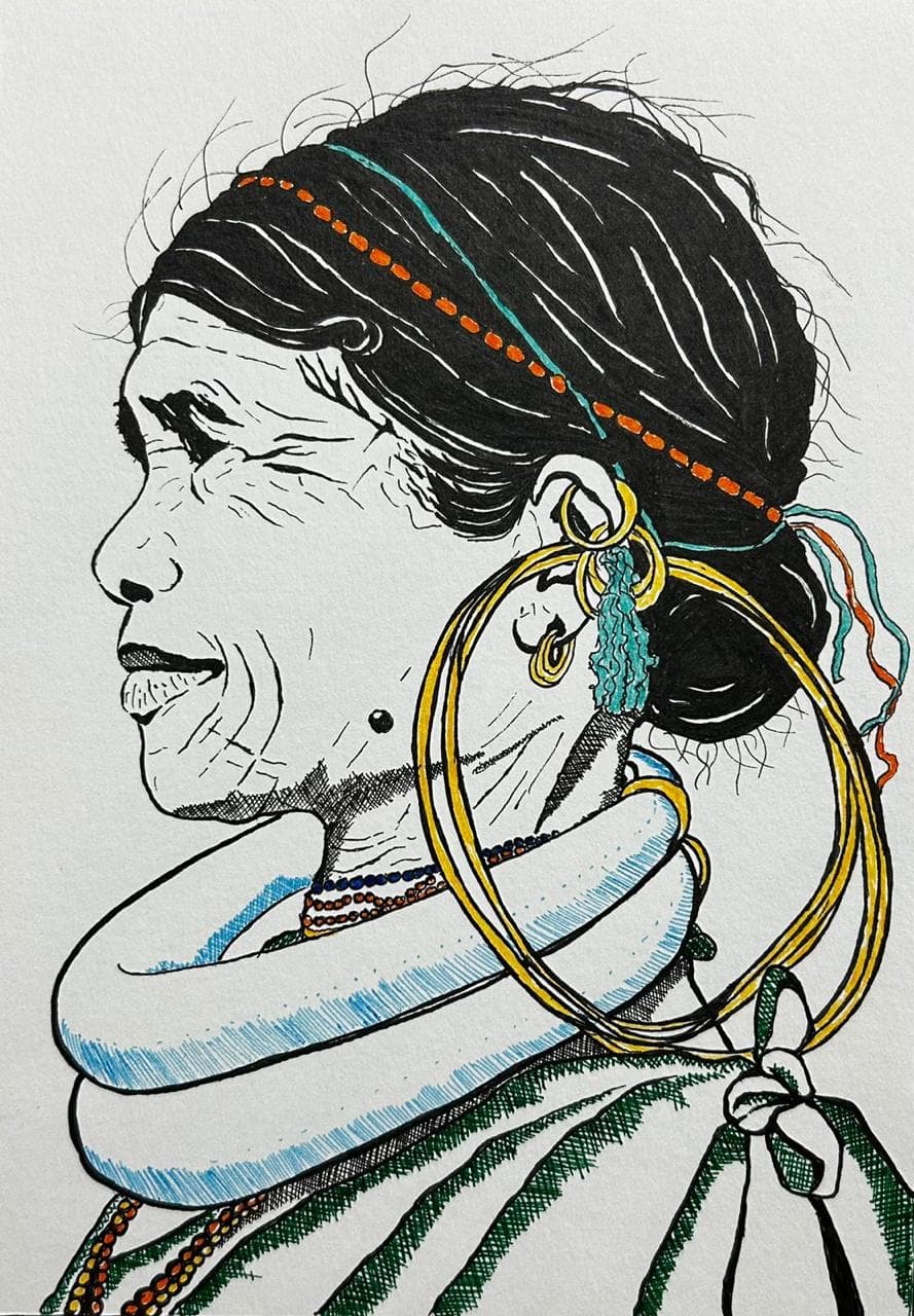 Ink profile portrait of an elderly tribal woman wearing very large brass hoop earrings, white neck rings and a beaded headband.