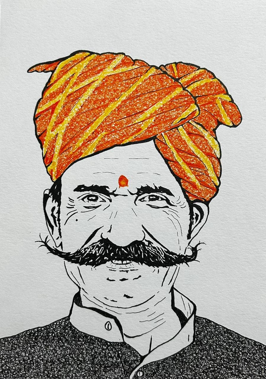 Ink portrait of a man with a thick handlebar moustache wearing a saffron-and-yellow striped Rajasthani turban and a dark kurta.