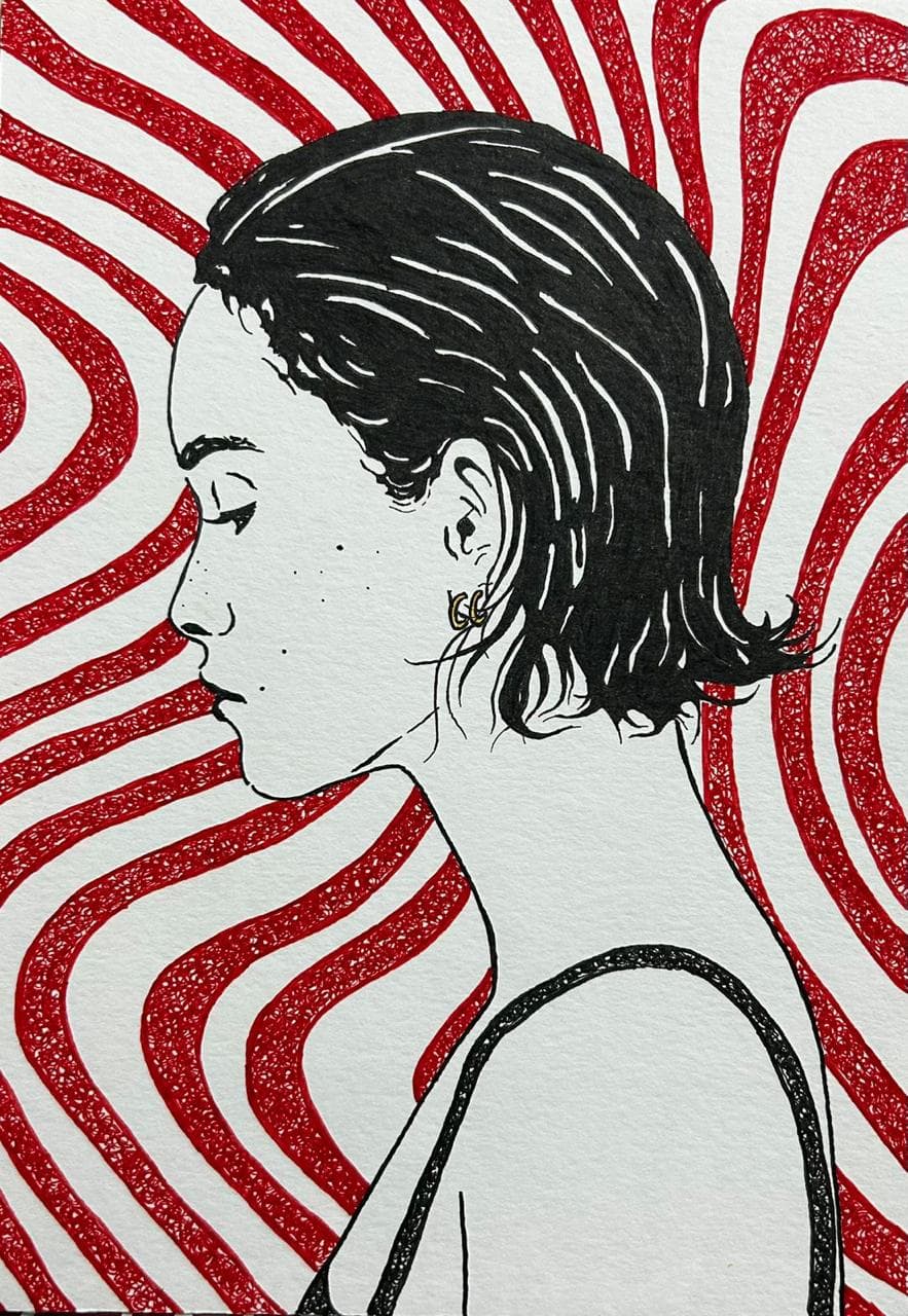 Ink profile portrait of a young woman with short hair against a background of red rippled concentric lines.