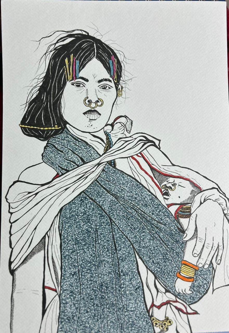 Ink portrait of a young woman with coloured hair clips and a nose ring carrying a baby wrapped in a shawl against her body.