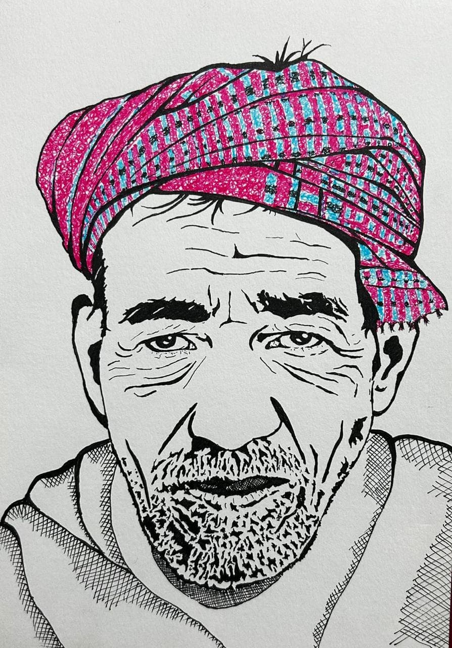 Ink and acrylic portrait of a man in a pink and cyan checkered head wrap, by Vikas Kumar.