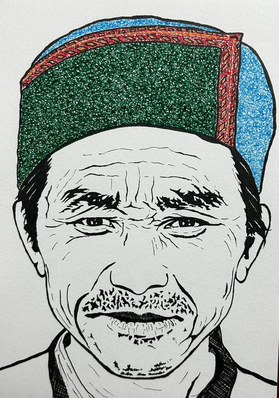 Ink and acrylic portrait of an older man in a green Himachali cap with a red and blue band, by Vikas Kumar.