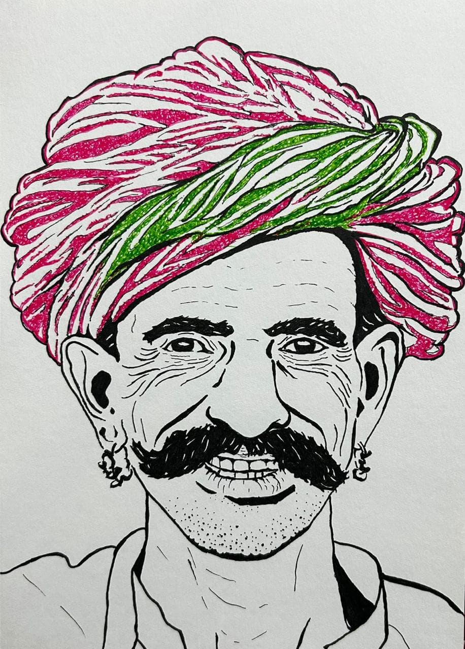 Ink and acrylic portrait of a moustached man in a pink and green twisted turban, by Vikas Kumar.