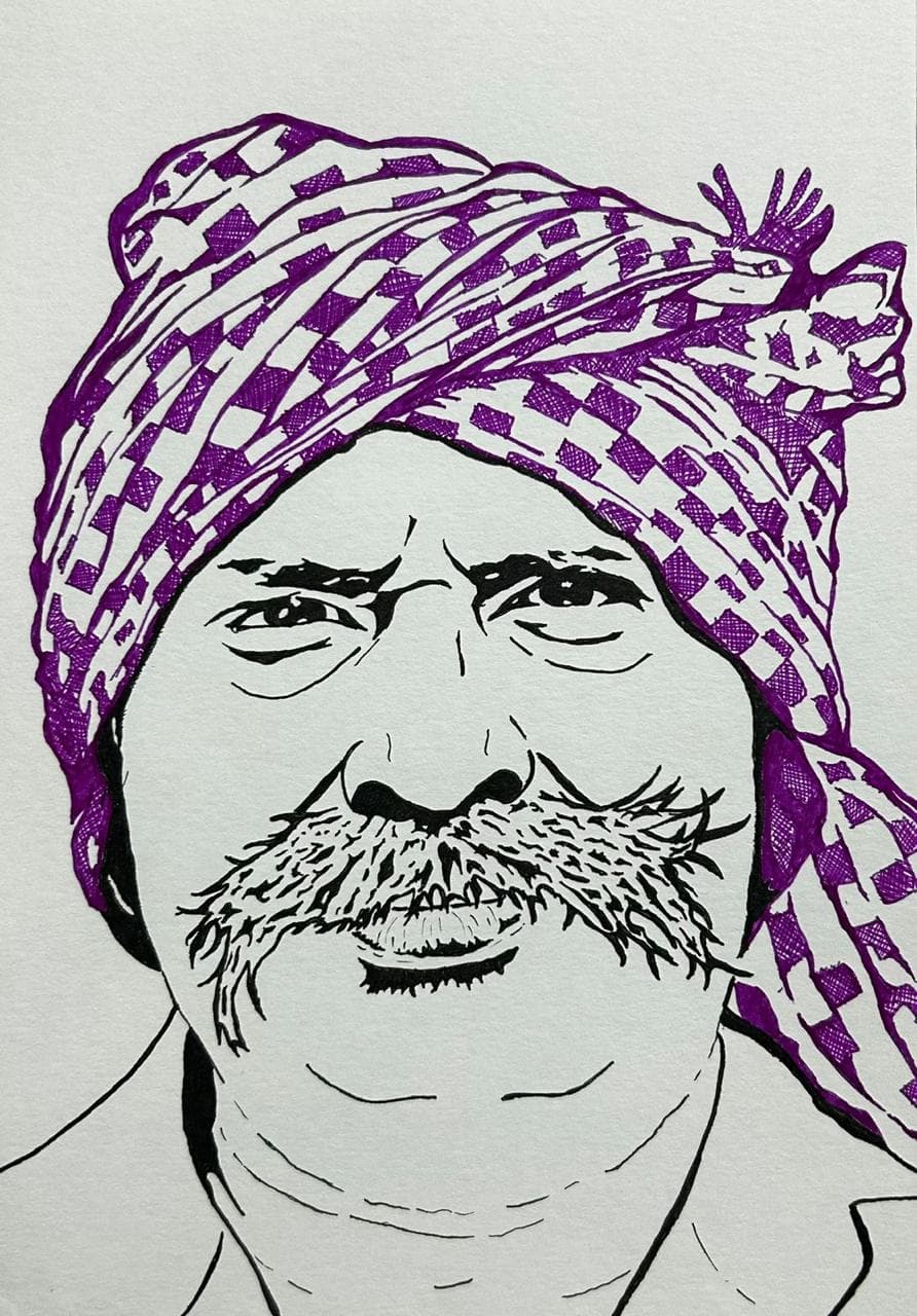 Ink and acrylic portrait of a moustached man in a purple checkered head wrap, by Vikas Kumar.