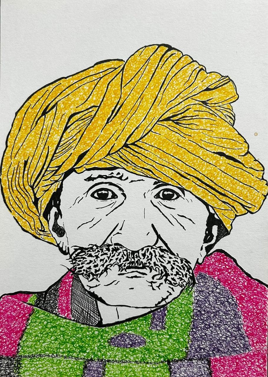 Ink and acrylic portrait of a man in a yellow turban with a striped shawl, by Vikas Kumar.