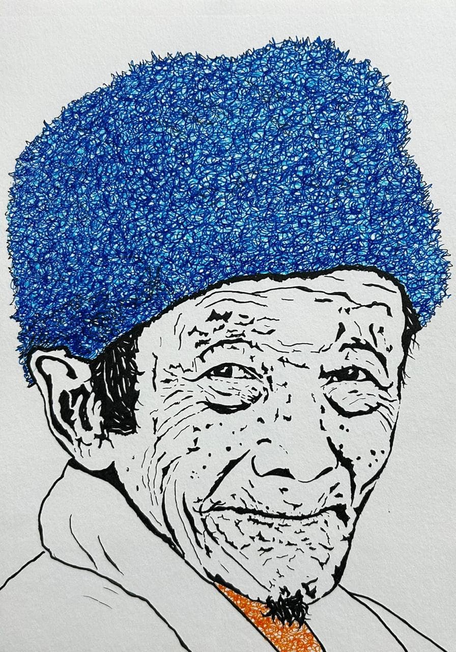 Ink and acrylic portrait of an elderly man in a textured indigo cap, by Vikas Kumar.
