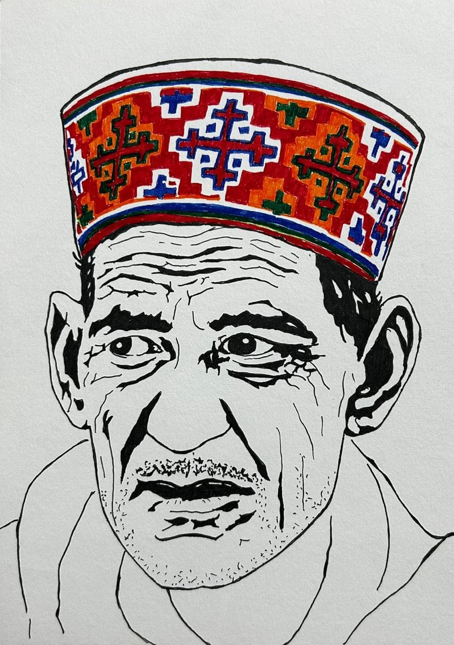 Ink and acrylic portrait of an older man in a red patterned Himachali cap, by Vikas Kumar.