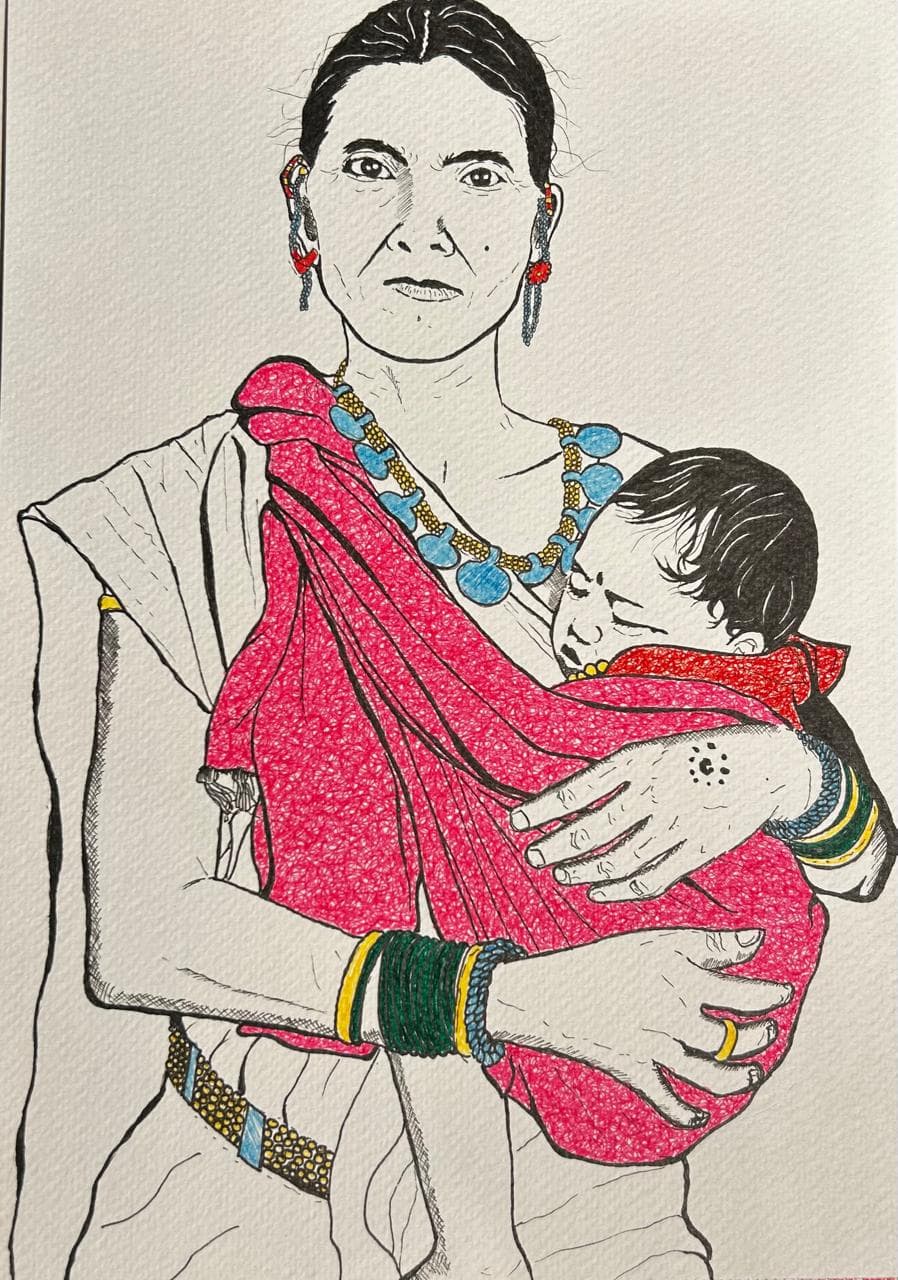 Ink portrait of a woman in a pink sari cradling a sleeping baby against her chest, wearing a blue-and-gold beaded necklace, red earrings and stacked green, blue and gold bangles.