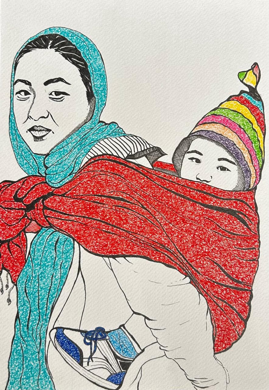 Ink portrait of a woman in a teal headscarf carrying a child on her back in a knotted red cloth, the child peeking out in a rainbow-striped pointed hat, with a blue sneaker tucked into the wrap.