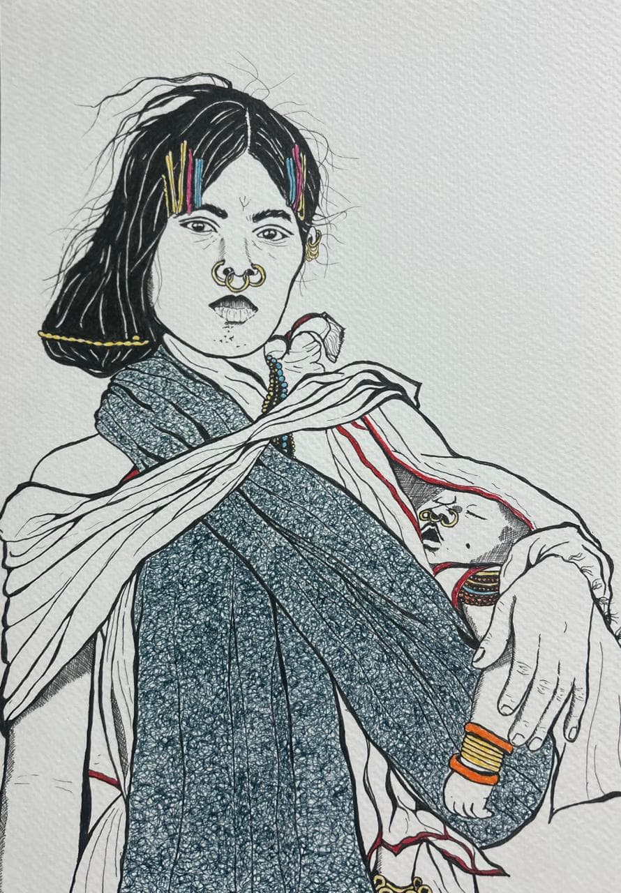 Ink portrait of a woman with a large gold nose ring and coloured hair clips, wrapped in a grey patterned shawl, a baby's face just visible in the cloth at her side above a hand stacked with orange and gold bangles.