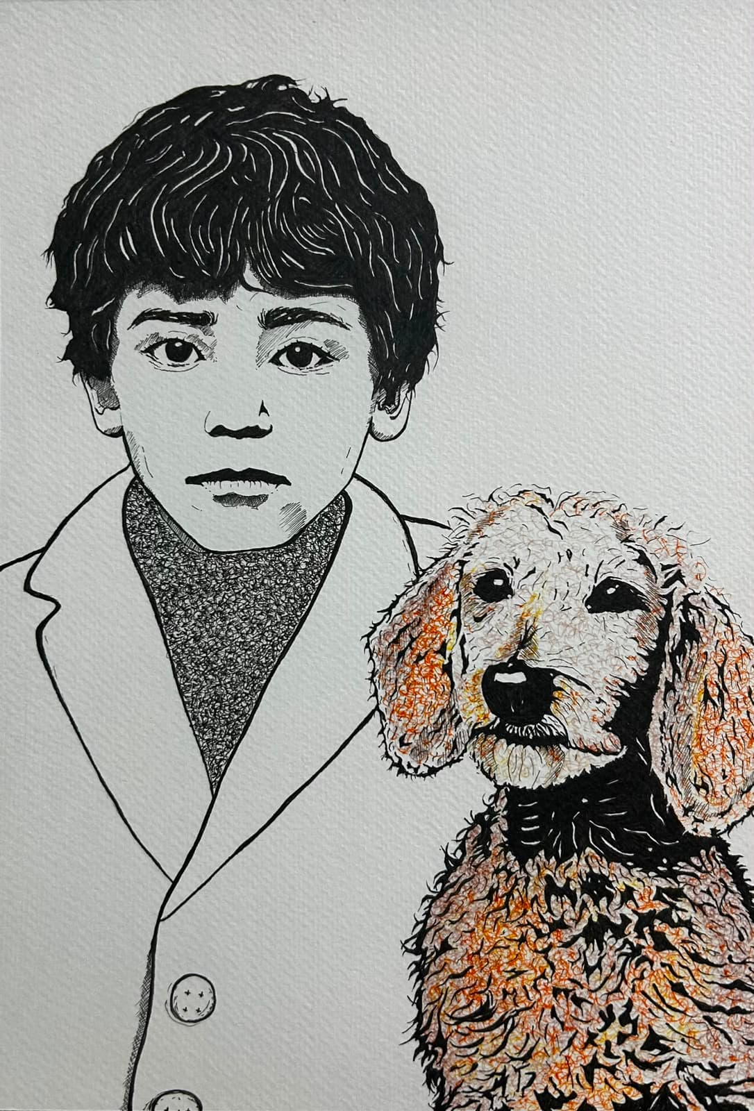 Ink and acrylic portrait of a young boy in a blazer beside a curly-haired apricot dog, by Vikas Kumar.